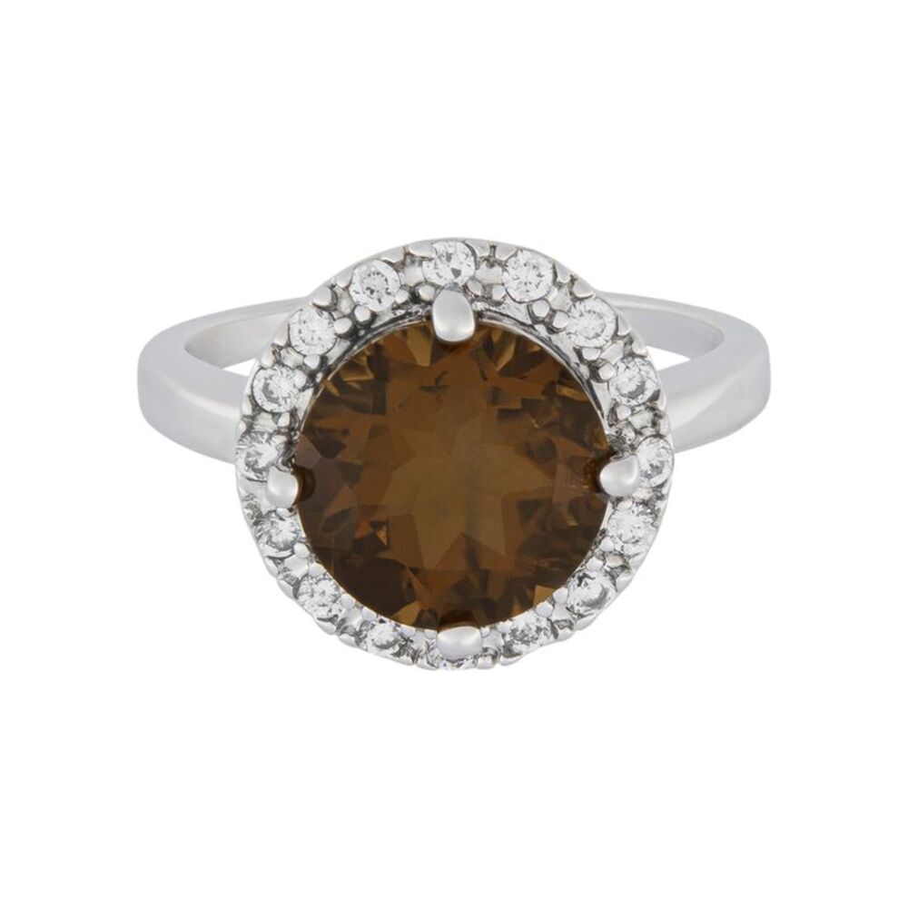 14K White Gold Plated 925 Silver Genuine Cognac Topaz Solitaire Ring, Size 7